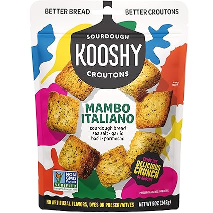 Kooshy Croutons - Mambo Italiano (Sourdough Bread, Garlic, Basil, Parmesan), All Natural, Vegetarian, Non-GMO Croutons for Salad, Soup and More, 5oz Pouch(1 Pack)