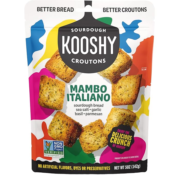 Kooshy Croutons - Mambo Italiano (Sourdough Bread, Garlic, Basil, Parmesan), All Natural, Vegetarian, Non-GMO Croutons for Salad, Soup and More, 5oz Pouch(1 Pack)