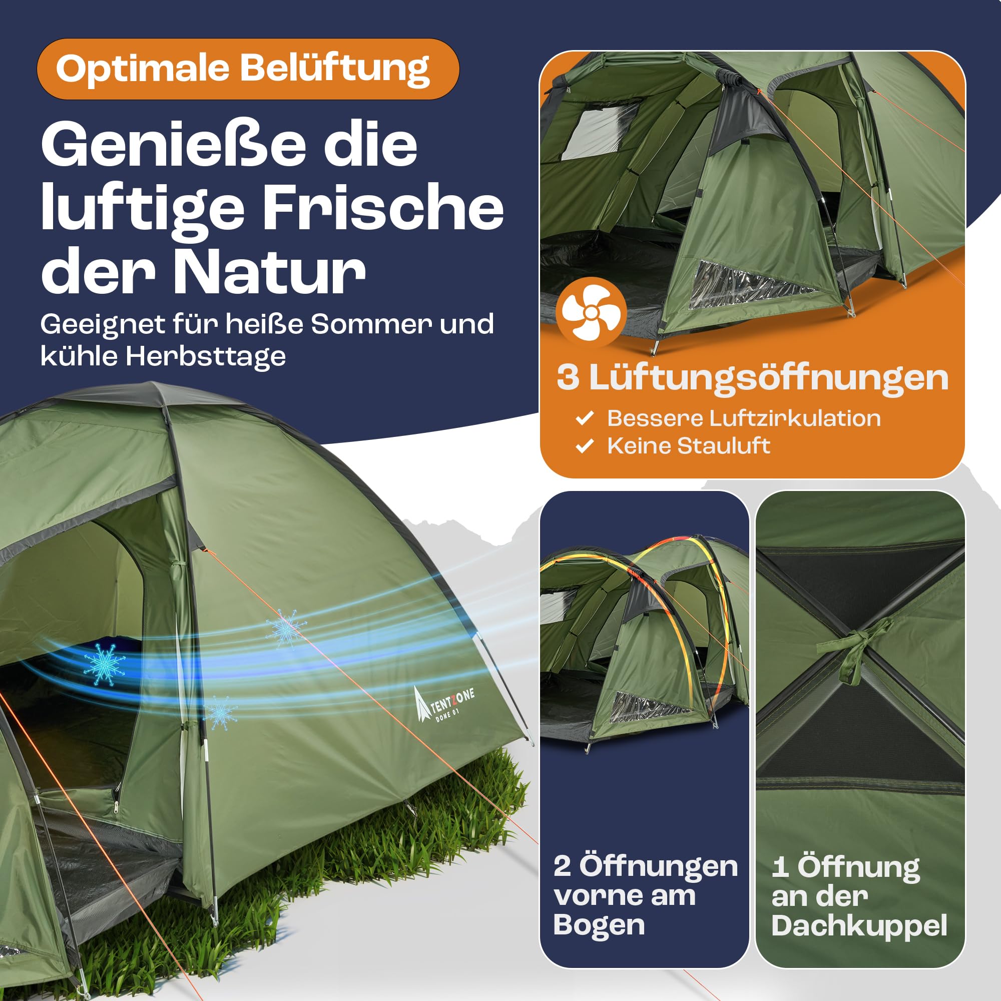 Dome 01, Wasserdicht 4000mm, 2-3 Personen Campingzelt, Vorraum mit abnehmbare Bodenplane, Belüftungsöffnungen, Grün