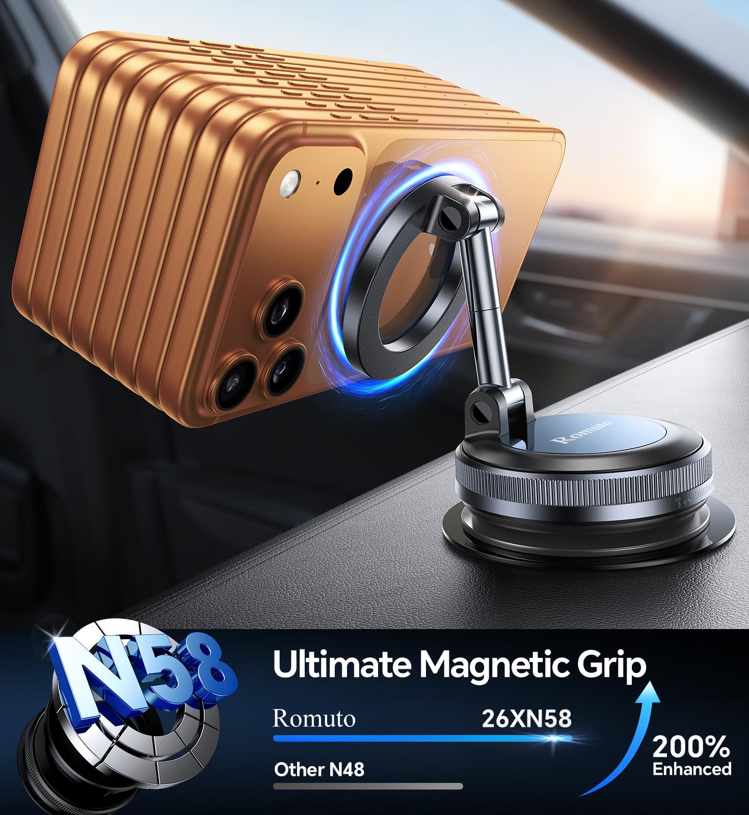 Romuto Supporto Telefono Auto per MagSafe,360° Rotazione Porta Cellulare Magnetico Pieghevole Cruscotto/Parabrezza [Ventosa Sottovuoto] Portacellulare Auto Universale per iPhone 17 Accessori Auto Kit