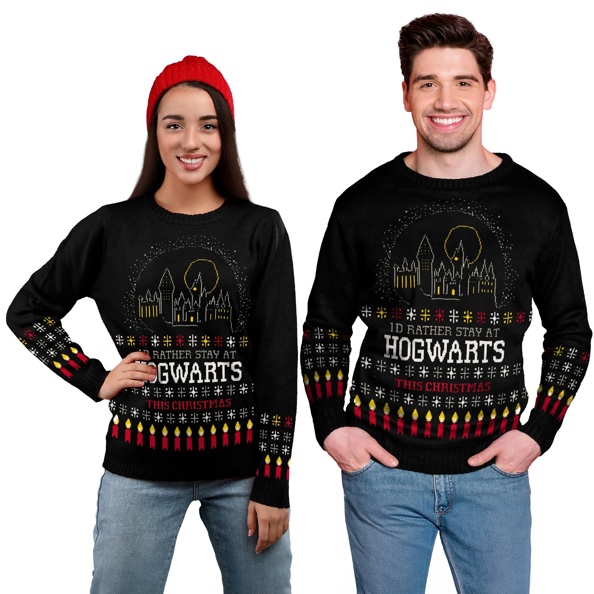 United Labels Men's Black Harry Potter Christmas Jumper Unisex I'd Rather Stay At Hogwarts This Christmas Winter Knitted Jumper, 3XL