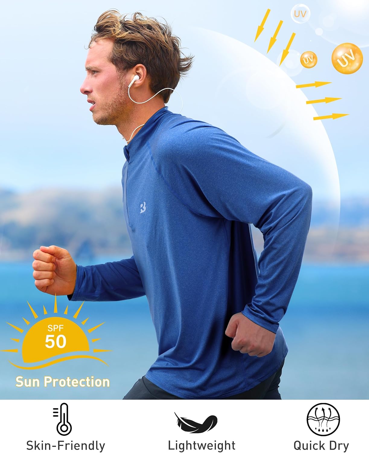 Roadbox Quarter Zip Pullover Men Sun Shirts, Running Workout Long Sleeve UV Shirt, UPF 50+ Quick Dry Athletic Rash Guard - Image 5