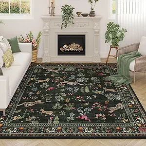 Area Rugs 8x10 Rug for Living Room Clearance Washable Boho Area Rug Non Slip Floral Animal Vintage Low Pile Large Rug for Living Room, Bedroom, Farmhouse, Dining Room, Kids Playroom (Green)