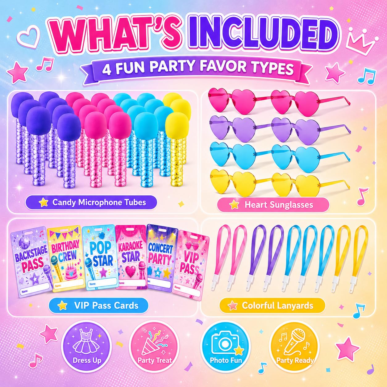 Kit per bomboniere Kpop con microfono, tubi per caramelle e carte VIP, 60 | Include occhiali da sole a forma di cuore, cordini e microfoni in plastica per feste di compleanno karaoke