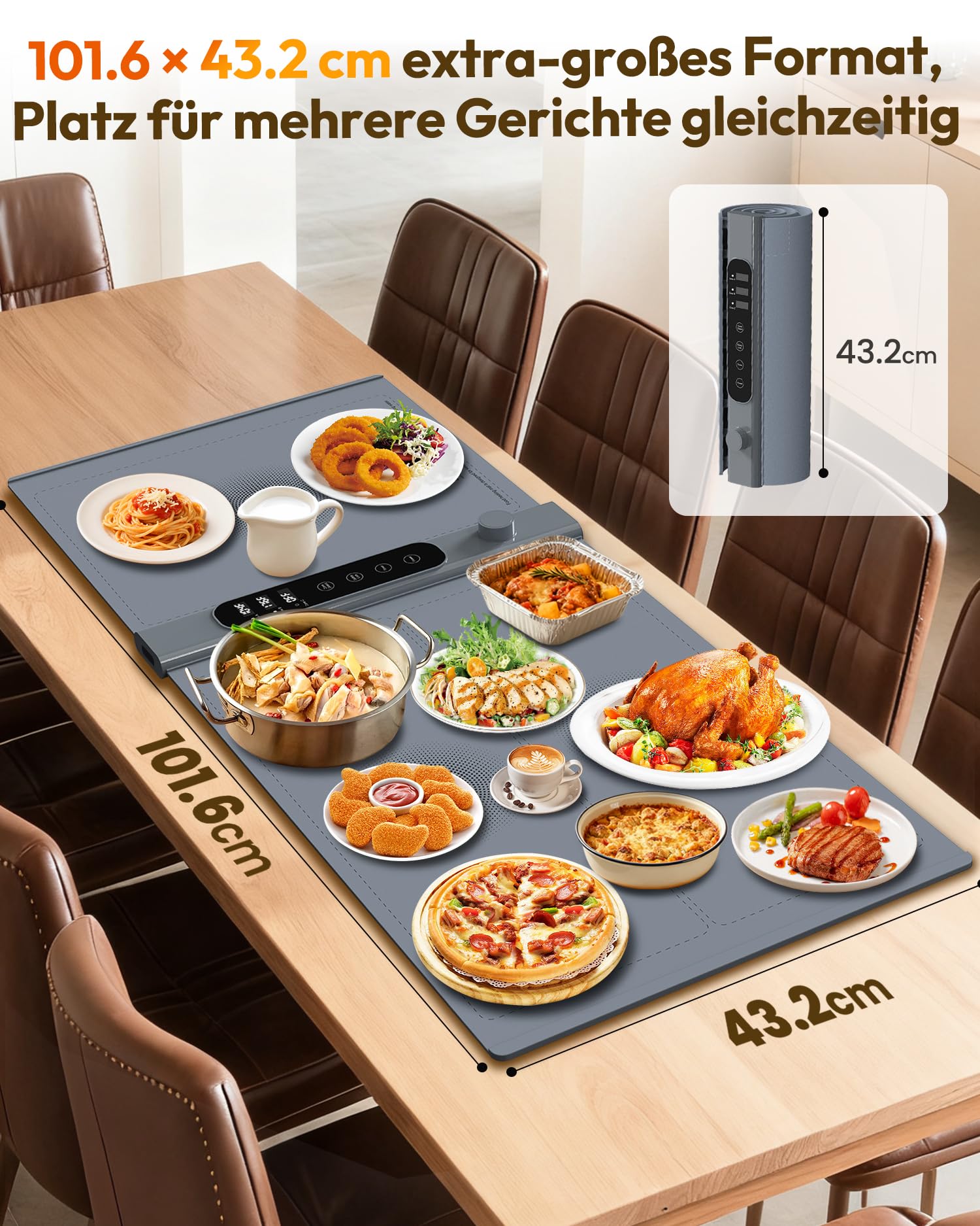 3-Zonen unabhängige Warmhalteplatte für Speisen 101×43 cm XXL, Elektrische Speisenwärmer mit 17 Temperaturstufen & 1–6 h Timer, Silikon-Rollbarer Buffetwärmer & Wärmeplatte Essen für Party-Buffets