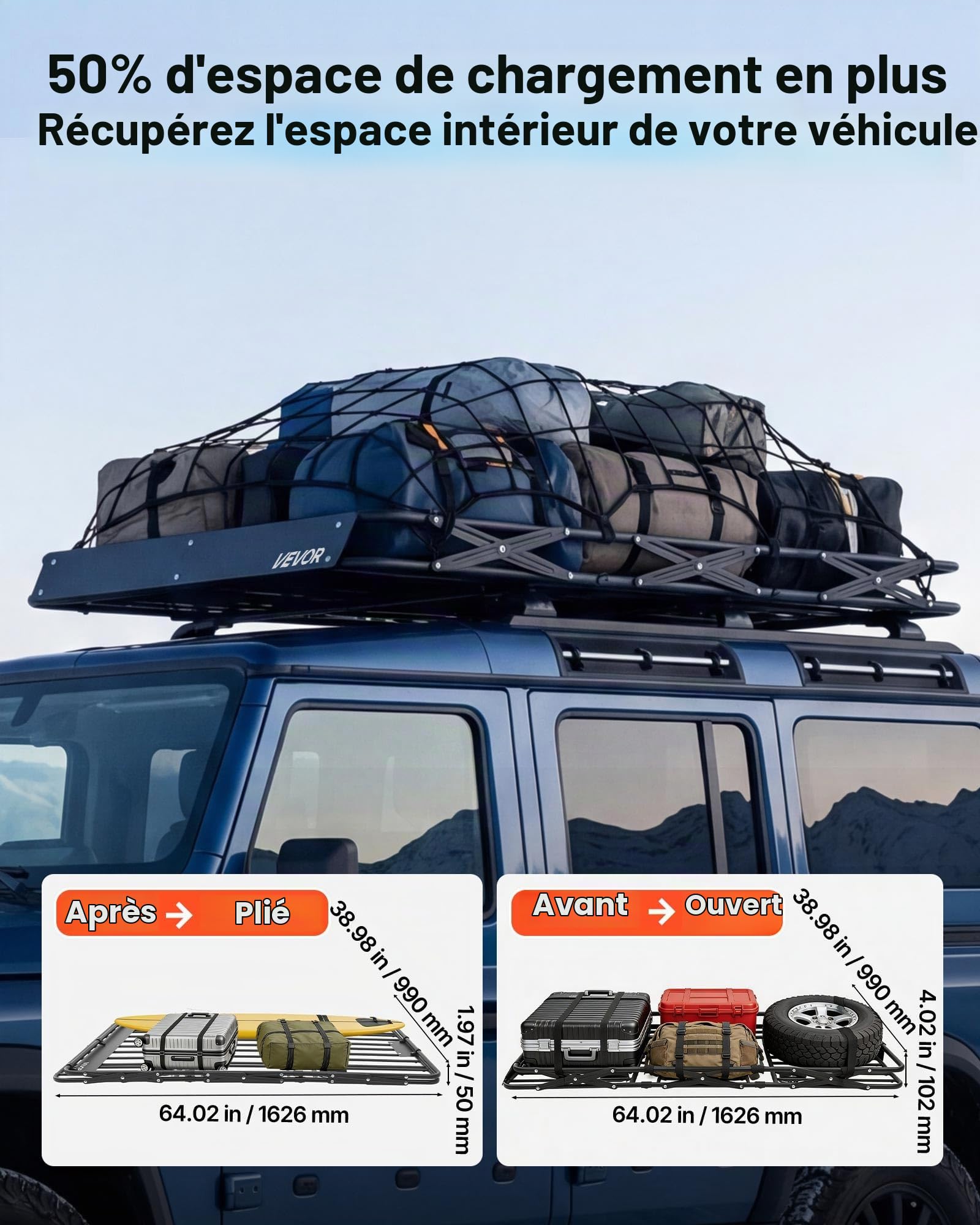 VEVOR Panier de Toit pour Voiture, 1626x990x102 mm, Porte Bagage Voiture, Cadre en Forme X Pliable, Capacité de 90,72 kg, Galerie de Toit Universelle pour SUV, Camionnette, pour Toutes Saisons