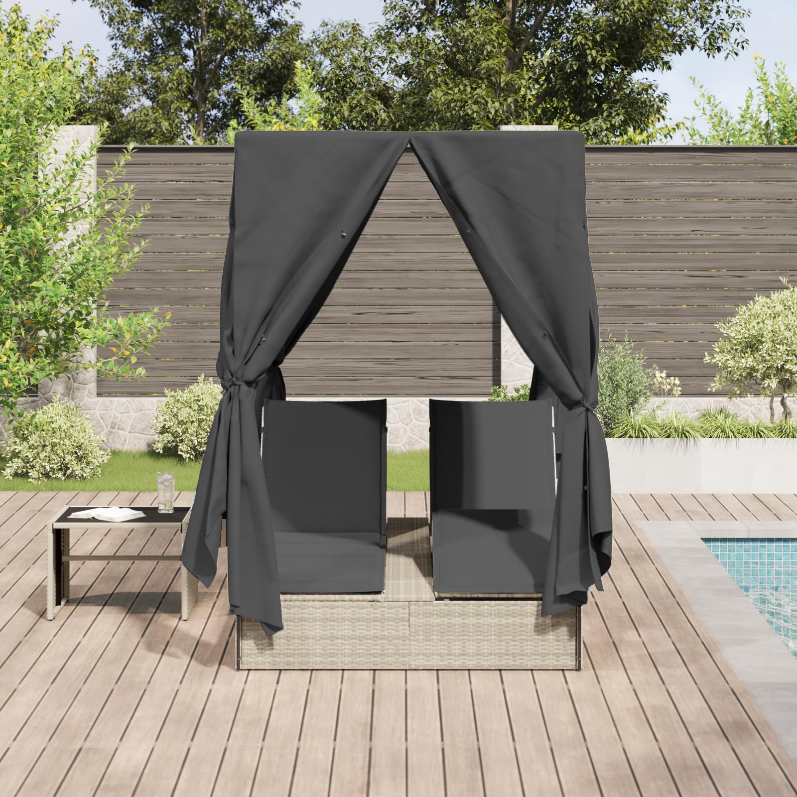 Chaise longue double avec toit et rideaux gris clair en polyrotin - Lit de jour d'extérieur avec auvent pour deux personnes, appuie-tête réglables et coussins résistants aux intempéries