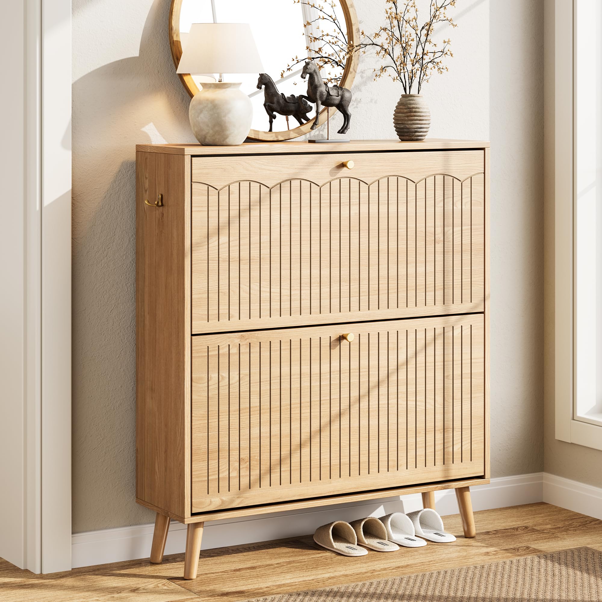 Nicetree Arch-Chic Shoe Cabinet for Entryway, Modern Mid-Century Shoe Storage Cabinet with Fluted, Narrow Shoe Rack for Entryway with Adjustable