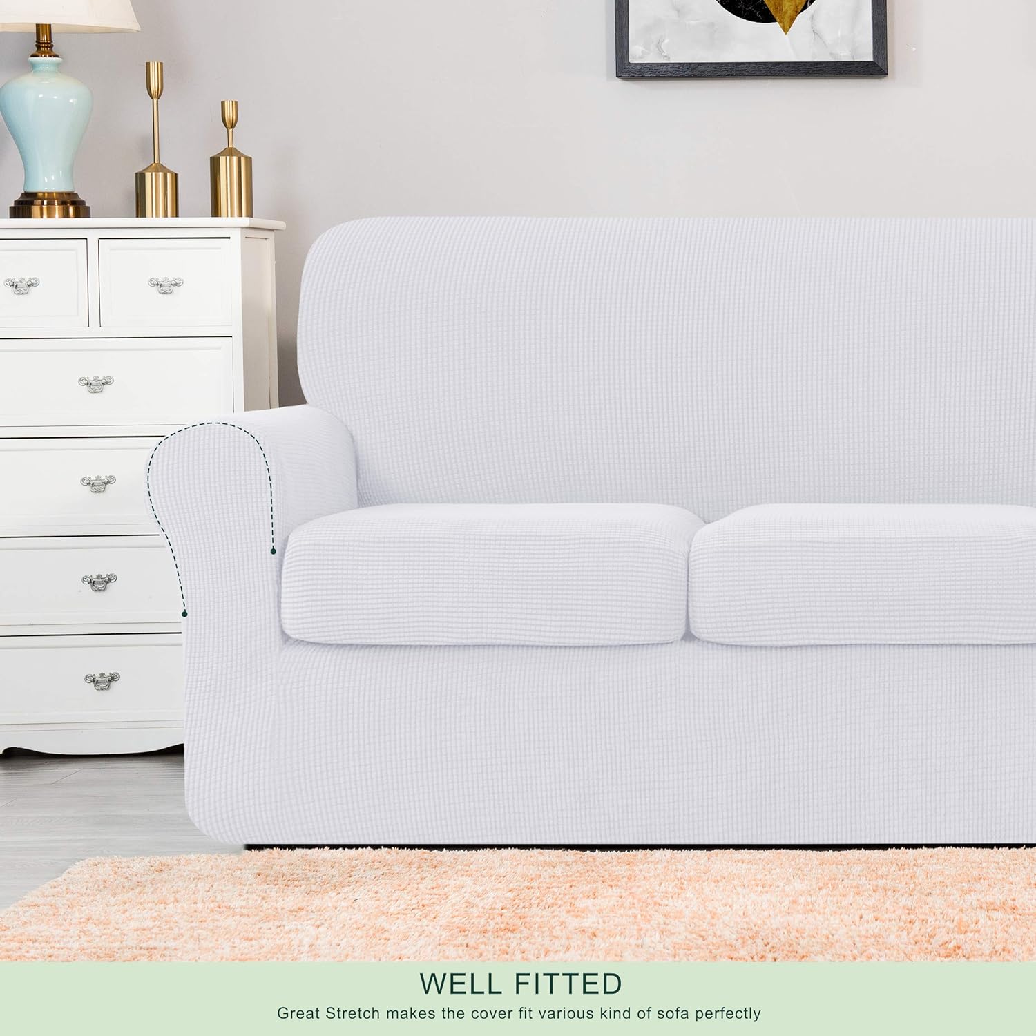 Hokway Couch Cover for 2 Cushion Couch 3 Piece Stretch Sofa Slipcovers with Separate Cushion for 2 Seater Couch Furniture Covers for Kids and Pets in Living Room(Medium,White)