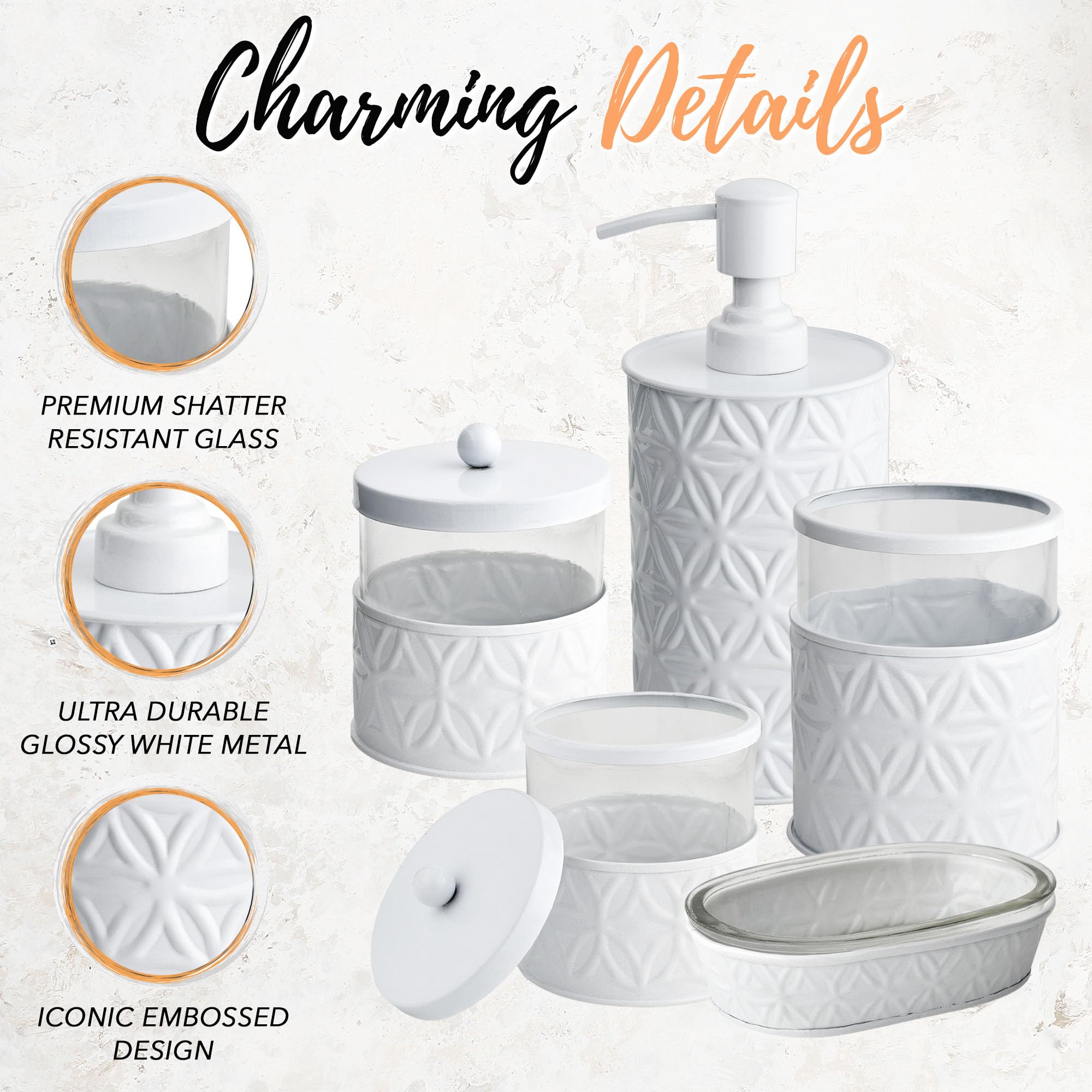 Autumn Alley Set Accessori Bagno Rustico 4 Pezzi - Vetro E Galvanizzato: Dispenser Sapone, Portaspazzolino, 2 Barattoli Farmacia Per Q-tip, Decorazione Vintage Fattoria