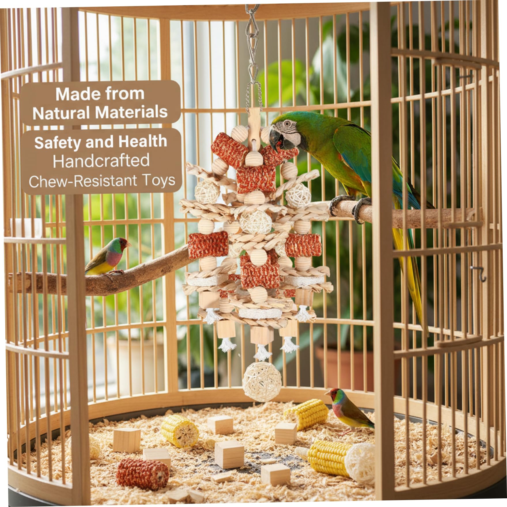 Juguetes para Loros para pájaros Grandes, Juguete Colgante para Masticar y Escalar de 16, 5 Pulgadas con mazorca de maíz, Juguetes Seguros para pájaros de Madera Natural para Loros, guacamayos, CAC