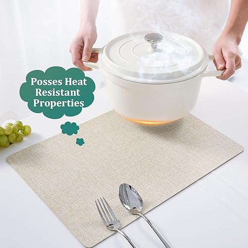 Miniatura 7 de FOCUSLINE Juego de 6 manteles individuales de piel sintética, manteles individuales beige, impermeables y antideslizantes, para uso en interiores y