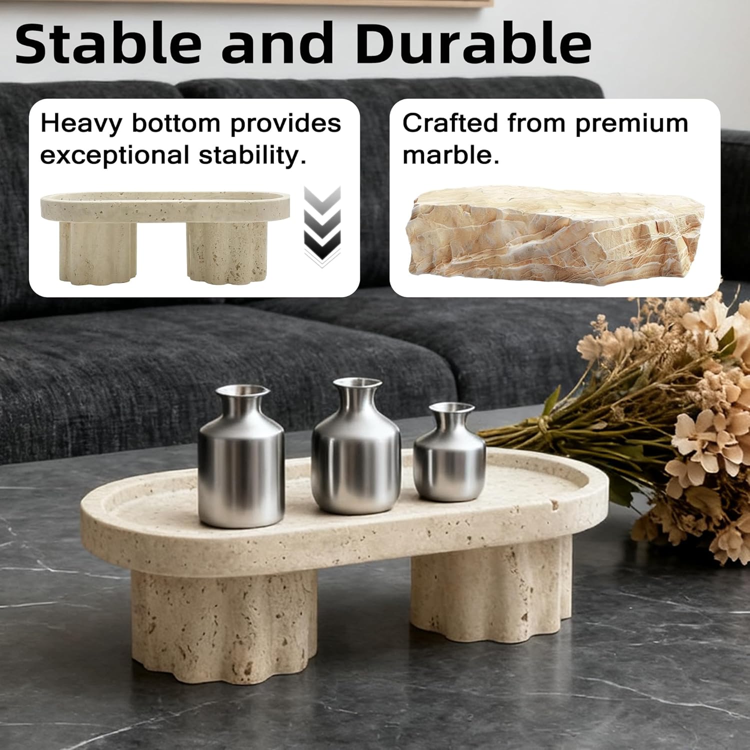 Natural Travertine Marble Oval Tray with 2 Legs, Vanity Decorative Tray for Perfume, Candles, Jewelry Dish,Countertop Storage Organizer for Home Decor (Beige)
