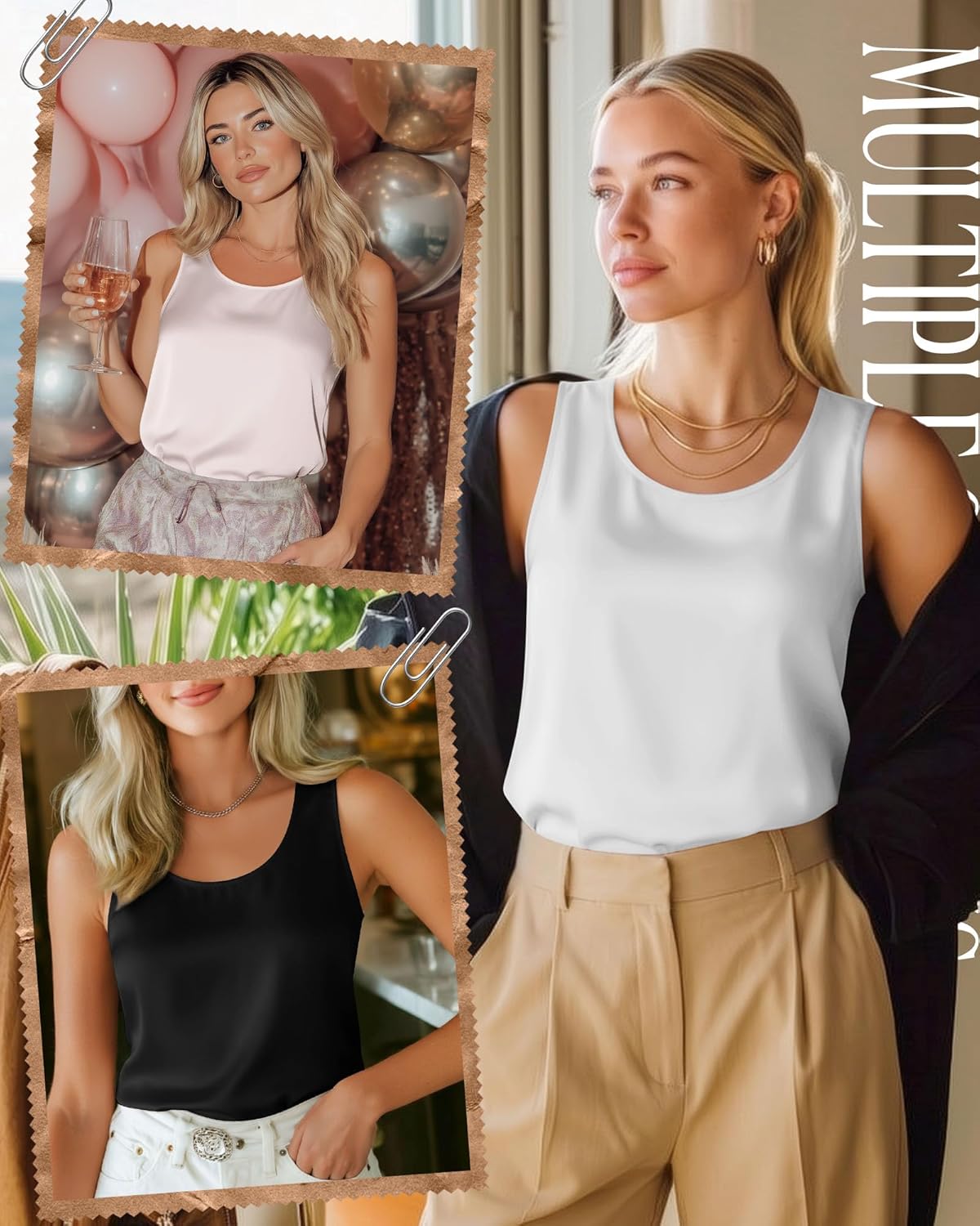3 Pack Women's Silk Tank Tops Satin Camisole Sleeveless Work Undershirt Dressy Scoop Neck Shirt Lady Sateen Blouse - Image 3