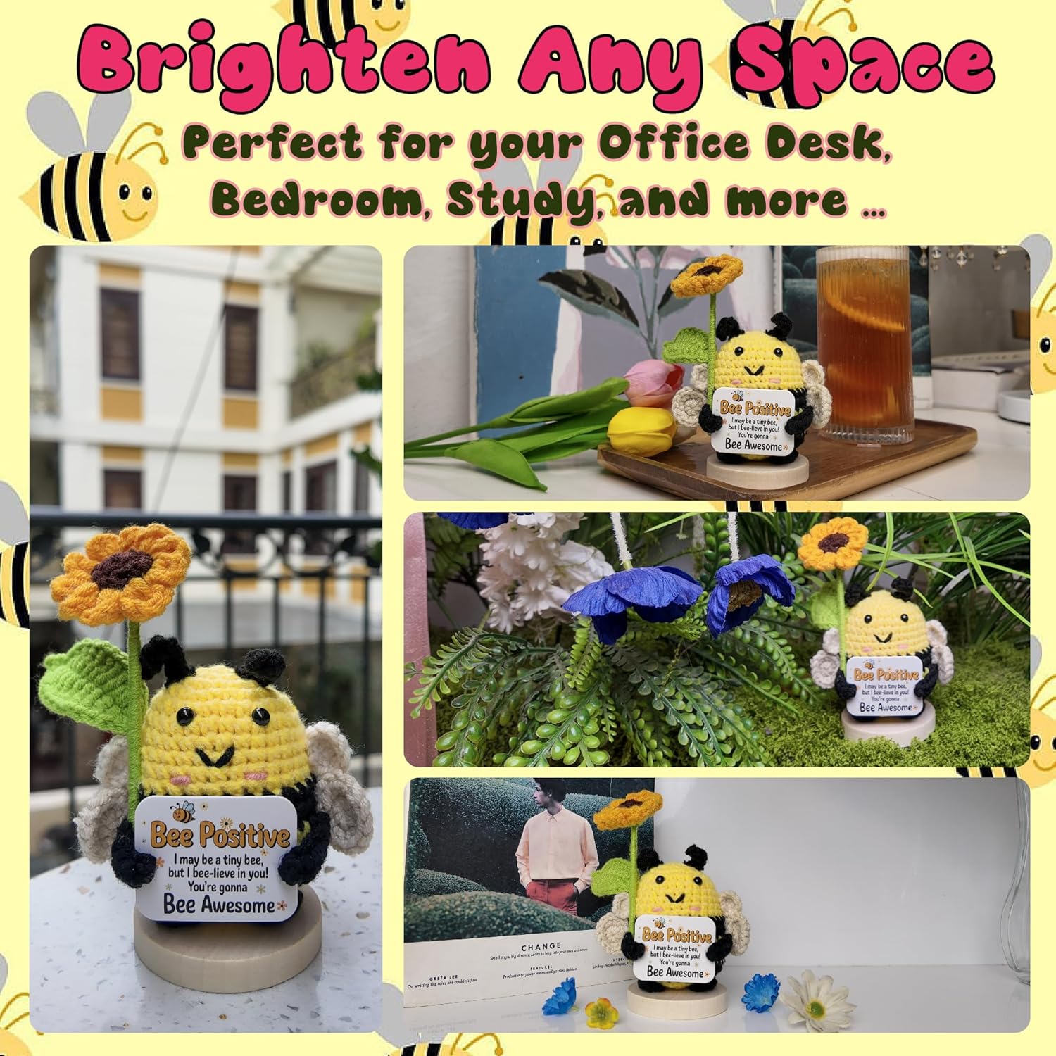Emotional Support Crochet Positive Bee Animal Appreciation Messages Gifts, Positive Emotional Handmade Crochet Animal Decor Stuff Gifts for Women Men Friends - Image 7