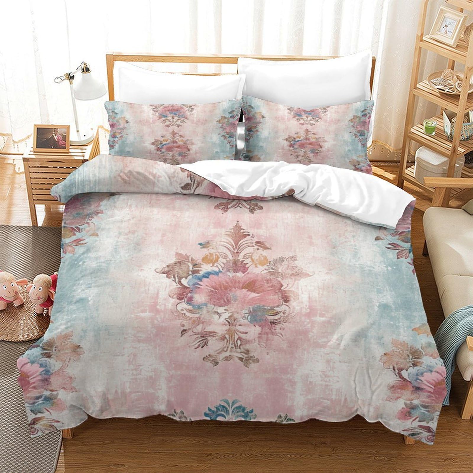 P1S9U7W5Y Watercolor Floral 3D Printed Duvet Cover Set 3pcs Microfiber Flower Pattern Bedding Set King（220x240cm）