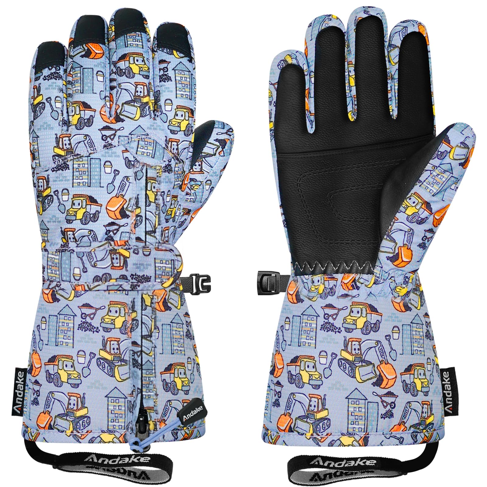 Andake Winter Ski Snow Gloves for Kids 2-14 - Waterproof Thermal Mittens for Boys Girls with Anti-Loss Wrist Strap, Windproof Cold Protection &amp; Cute Printing Design Toddler Snow Gloves