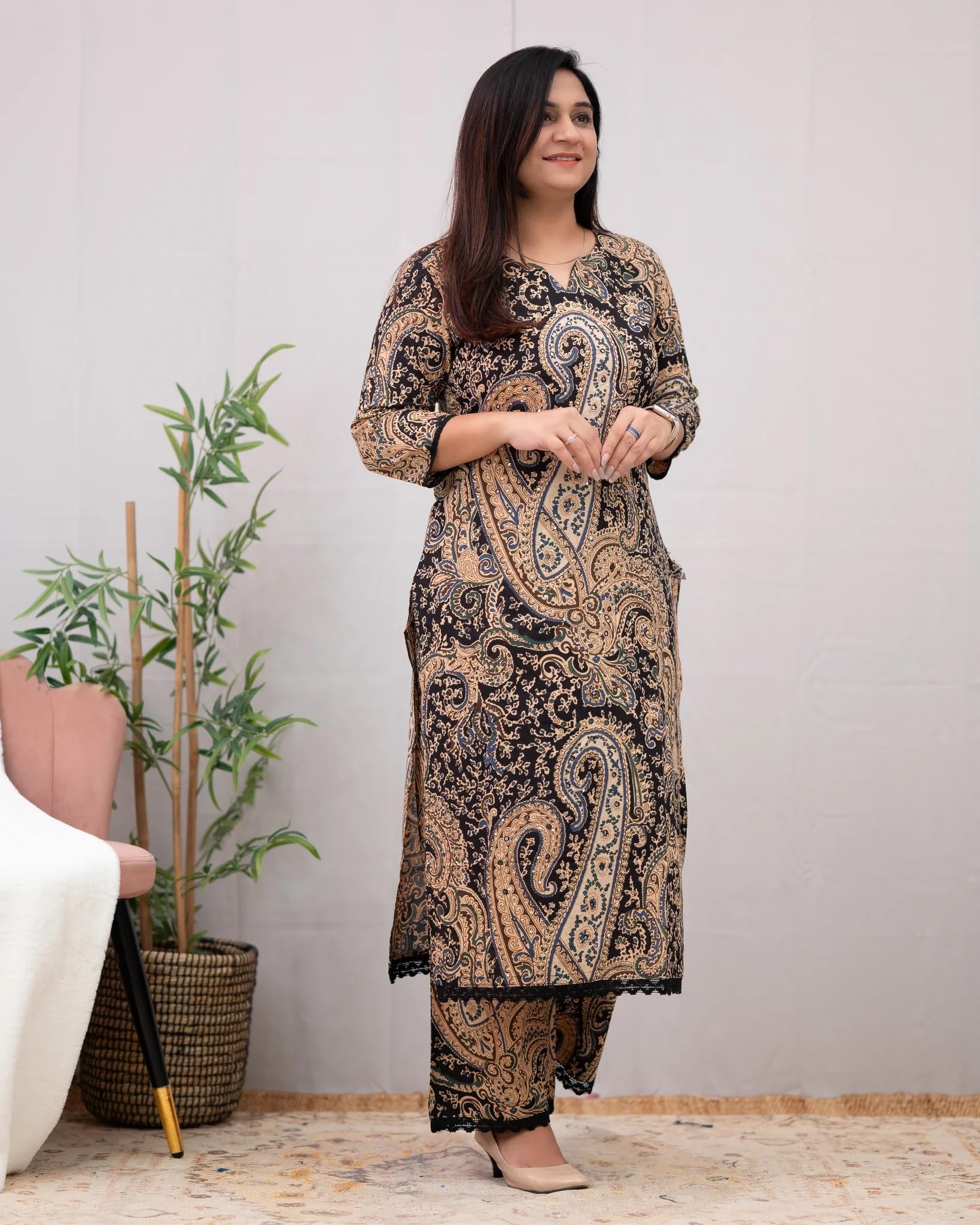 Nermosa Kalamkari Printed Straight Kurta Set For Women | Printed | Office Wear | (In, Alpha, Xl, Black)