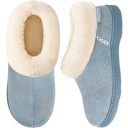 EverFoams Women's Microsuede Cozy Memory Foam Winter Slippers with Fuzzy Faux Fur Collar and Indoor Outdoor Rubber Sole