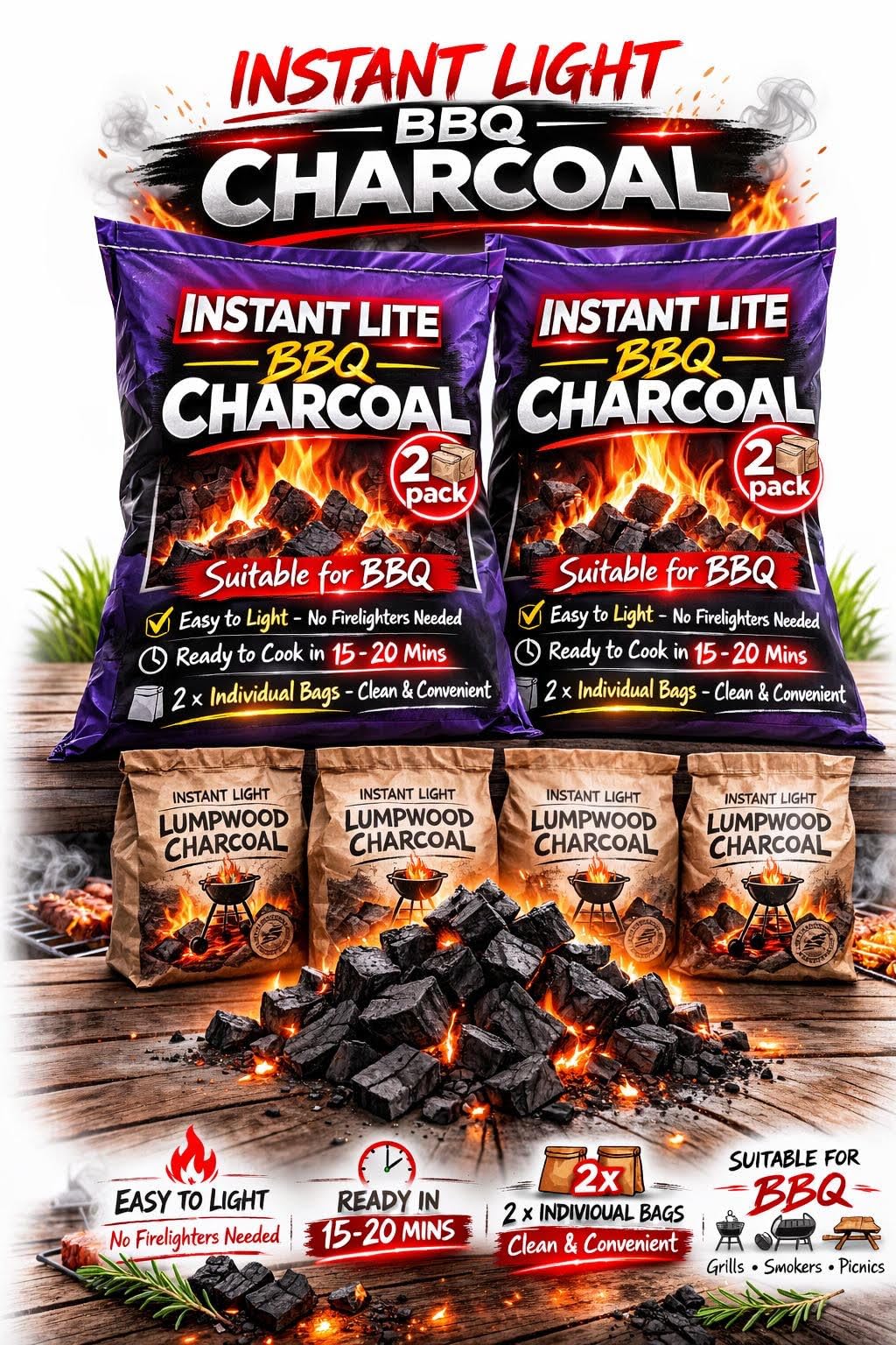 4 x 1.25kg Bags (5kg) Premium Instant Light BBQ Charcoal, Bags of Instant Barbecue Lumpwood Charcoal (2x Twin Packs) — view 2