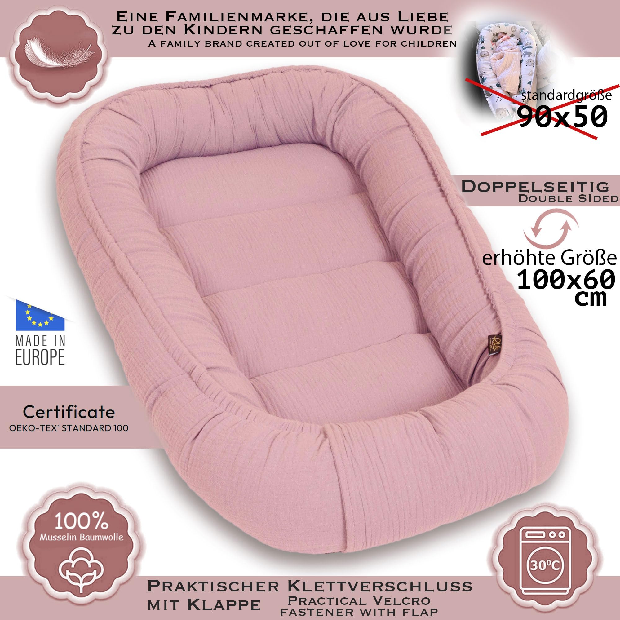 PaLulli Nido para bebé de 100% Muselina de algodón prémium, 100 x 60 cm, Solapa con Cierre de Velcro, Cambiador para Cuna de bebé (Rosa Sucio)