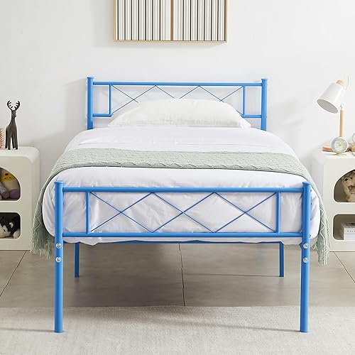 Overstock Javlergo - Marco de cama de metal tamaño individual con cabecero y estribo para niñasniños, no necesita somier, color azul