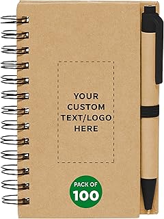 Custom Mini Spiral Notebooks with Black Ink Pens Set of 100, Personalized Bulk Pack - Perfect for School, Office, Business, Home - Black