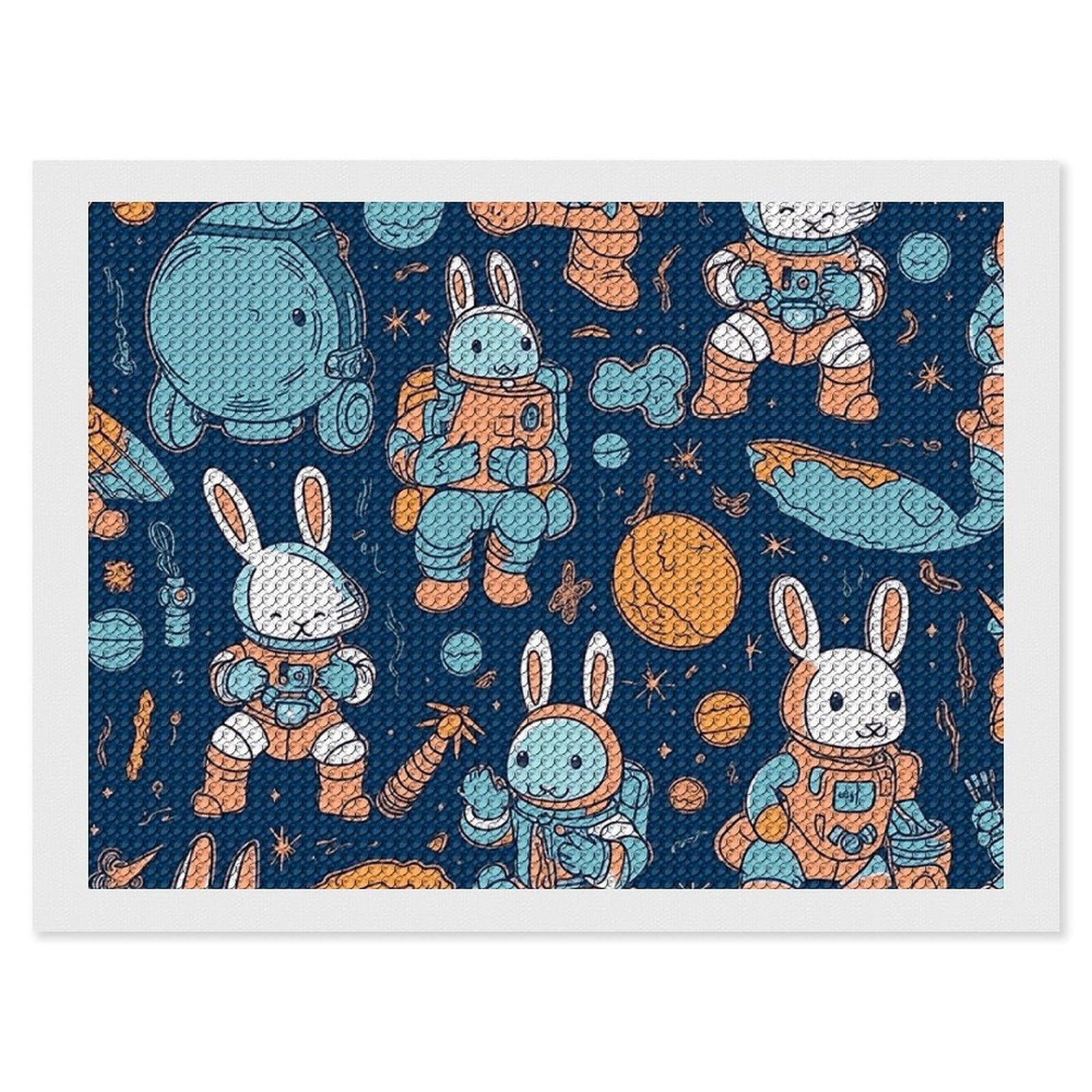 Bunny and Spaceship Diamond Painting Kits for Adults, DIY 5D Diamond Painting Kits for Beginners, Round Full Drill Diamond Dots Paintings, Diamonds Pictures Gem Art for Crafts Home Decor 12"x16"