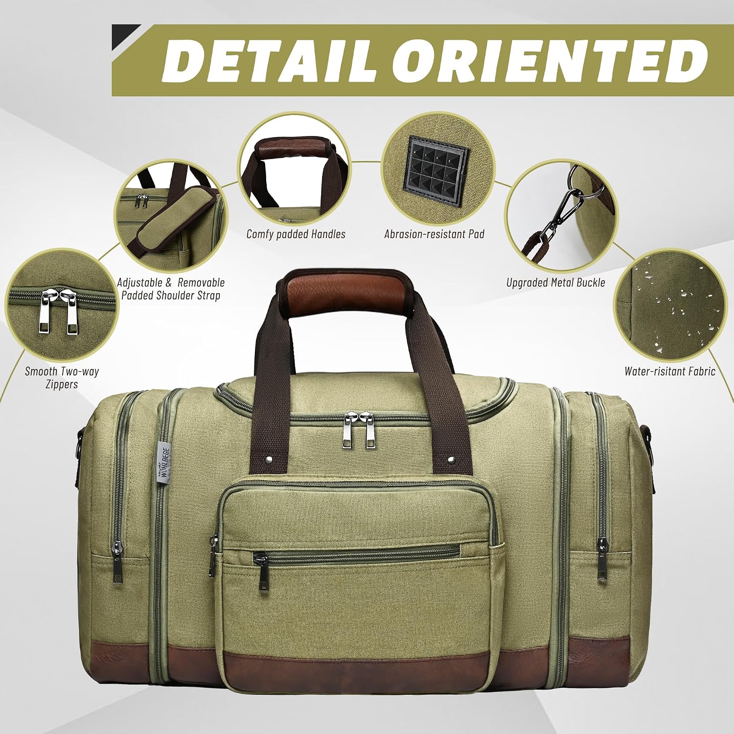 Wolhbege Duffle Bag for Travel,Mens Travel Bag & Carry On Bag for Men with Expandable Design and Luggage Sleeve –Duffel Bag for Gym, Weekender,Canvas,Overnight Trips Green