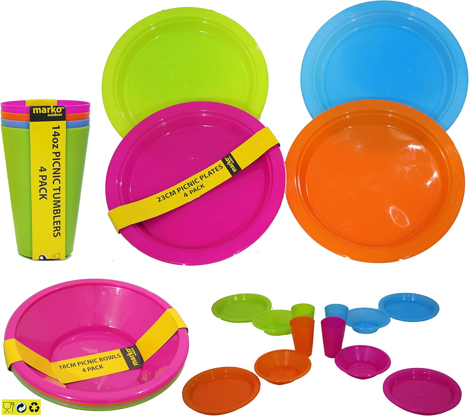 Marko Outdoor 12 pc Picnic Set Bowls Picnic Plates Bright Colour Sets