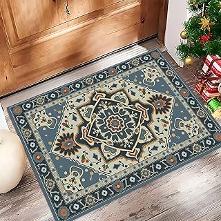 Fußmatte Traditionelle Persische Muster,Wetterfeste Schmutzfangmatte Geometrische Muster mit Rutschfester Rückseite für Innen- & Außenbereich, Türmatte für Eingang Haustür Flur,60 x 90 cm,Blau