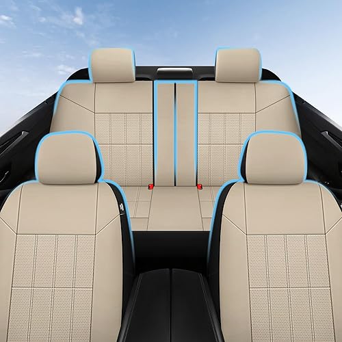 Miniatura 8 de VarCozy Juego completo de fundas de asiento de automóvil de piel sintética, fundas de asiento delantero y fundas de asiento trasero divididas para