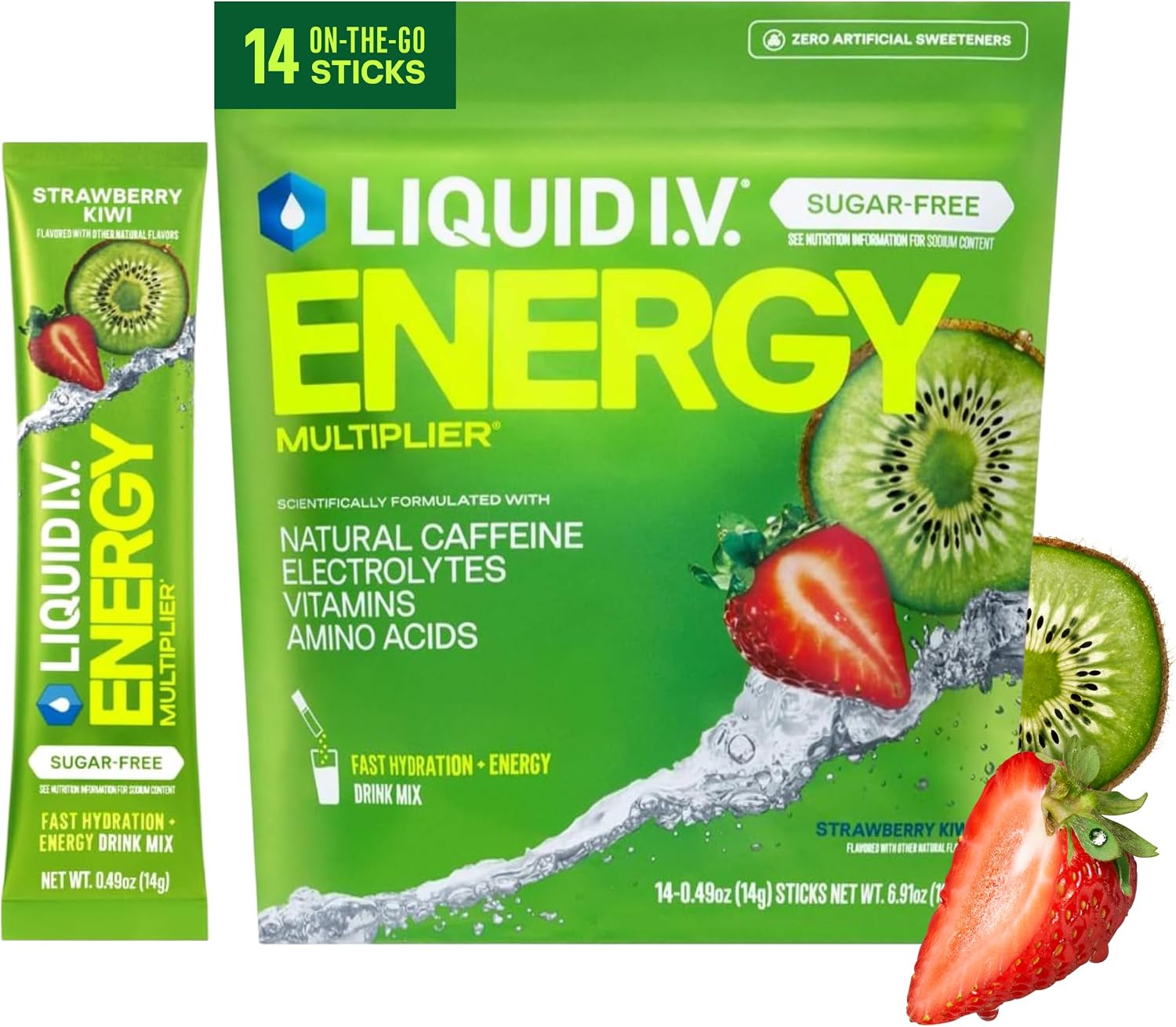 Liquid I.V. Sugar Free + Energy Electrolytes, Strawberry Kiwi, 14 Count