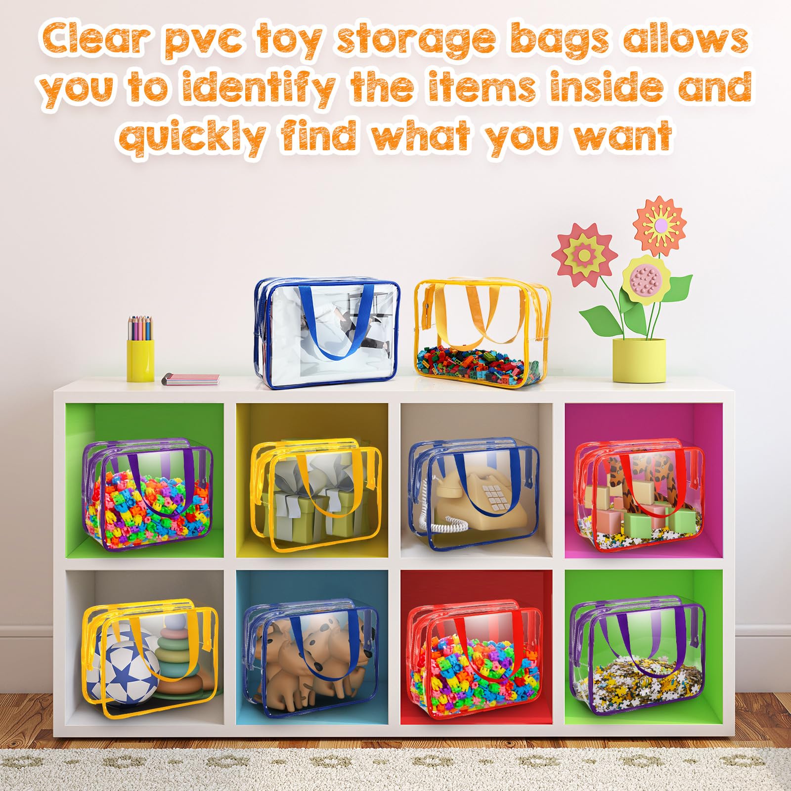 12 bolsas grandes de almacenamiento de juguetes de PVC transparentes con cremallera, bolsas de juguetes impermeables para bloques de construcción, rompecabezas y libros infantiles (color