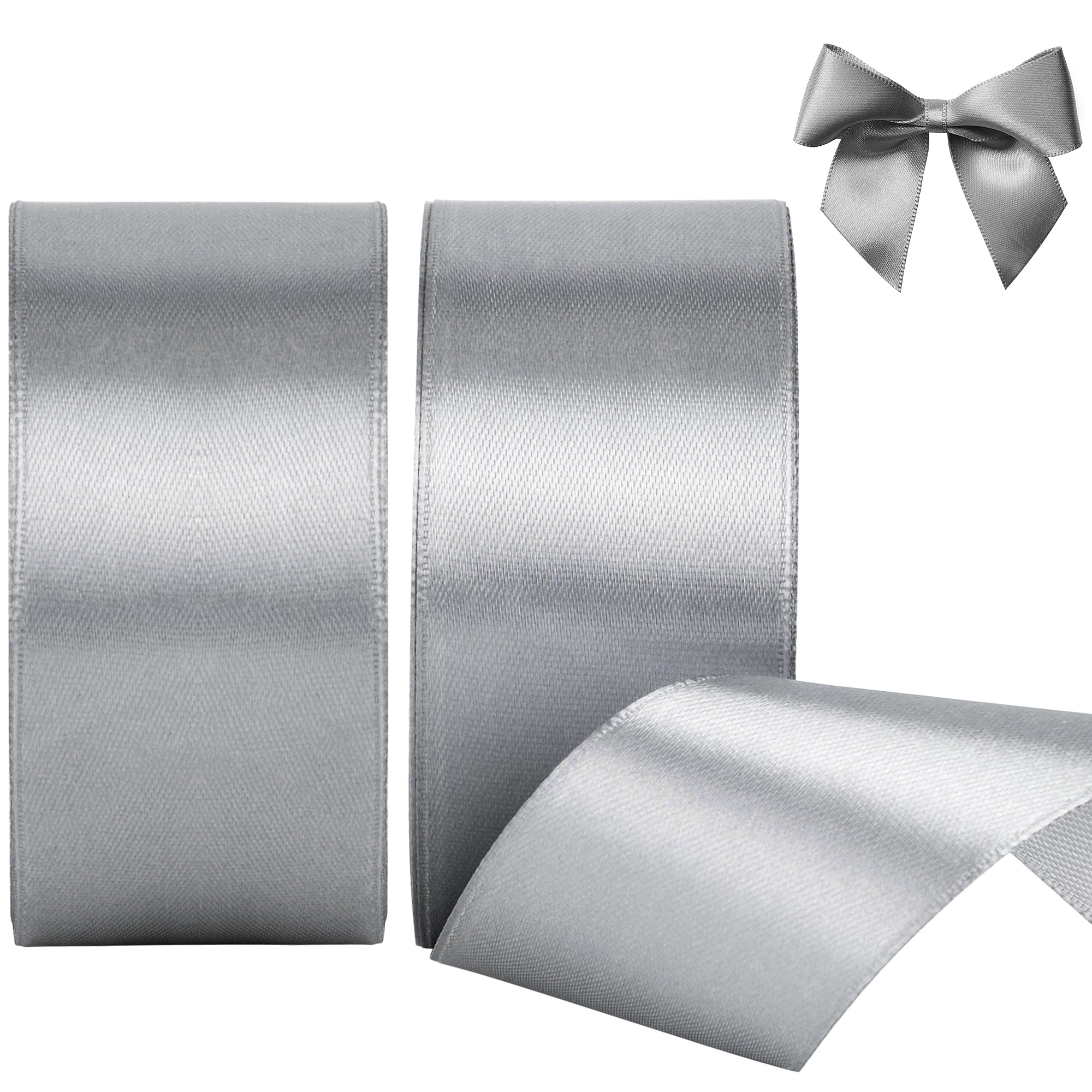 KEYIDO Silver Ribbon 40mm, Christmas Satin Ribbon, 44 Metres Thick Ribbon for Gift Wrapping Hair Bow, Florist, Crafts, Sewing