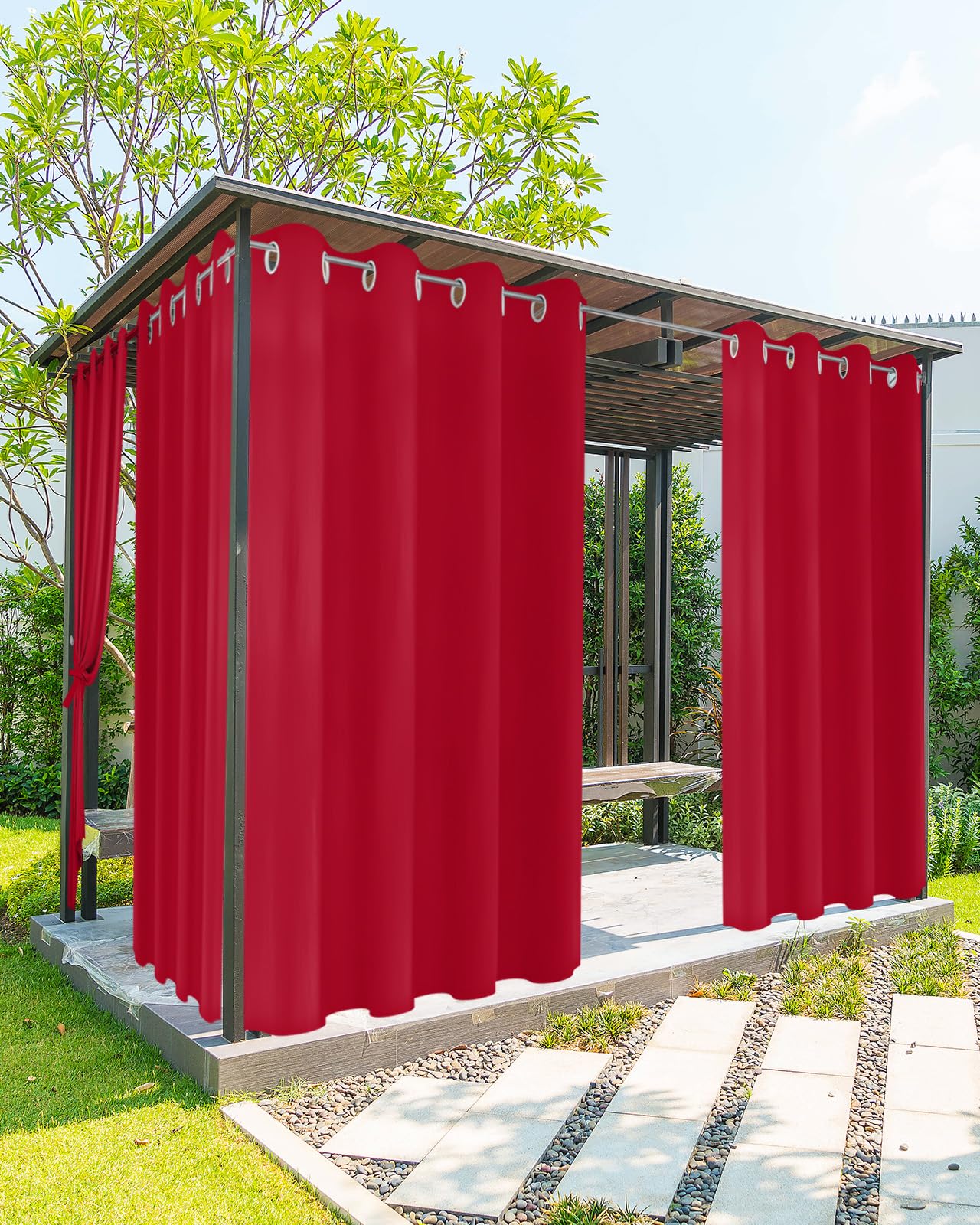 Litter Star Waterproof Outdoor Curtains for Patio Porch, Red Pure Color Grommet Curtain Panel Windproof Outside Curtains Tieback, Watercolor Weighted Window Treatment Drapes