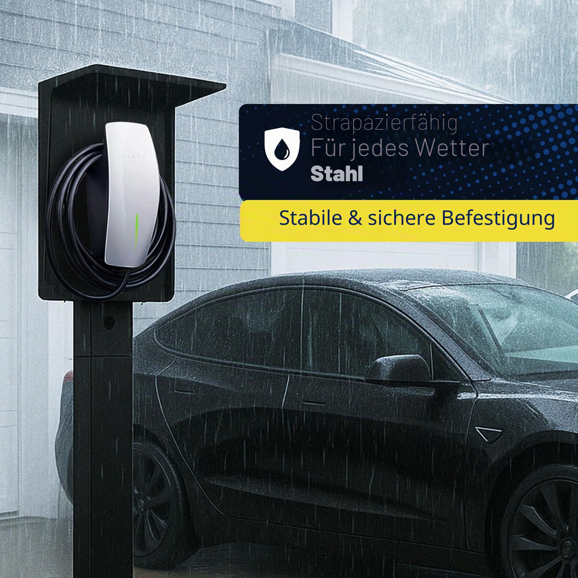 EV Ladesäule mit Dach – Wetterfester Standfuß für Wallbox, geeignet für Tesla Gen3, Mobile Connector & Typ 2 / J1772 Ladegeräte | EUIPO Reg. Nr. 015116807-0001