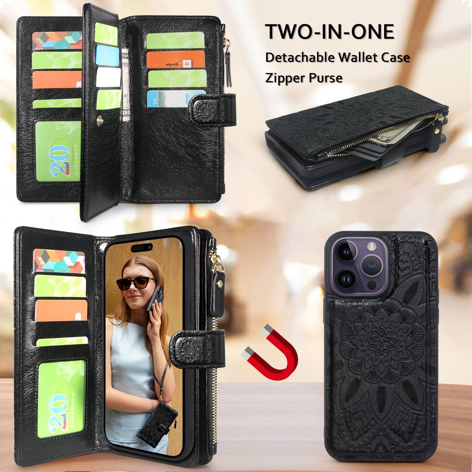 Harryshell Compatible with iPhone 13 Pro Max 6.7 inch 5G 2021 Wallet Case Detachable Magnetic Cover Zipper Cash Pocket Multi Card Slots Holder Wrist Strap Lanyard Floral Flower (Black)