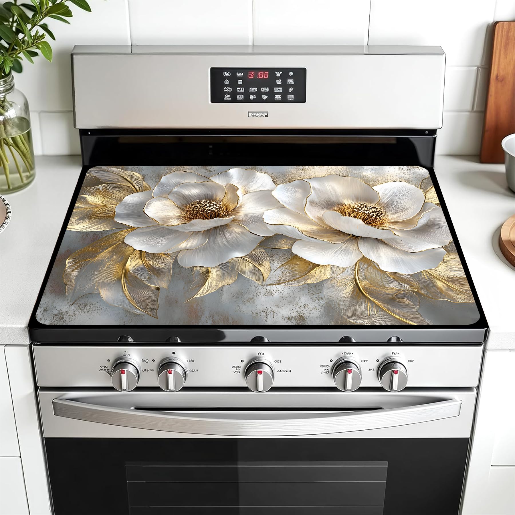 Multi-Design Stove Top Cover for Glass/Electric Stoves - 3-in-1 Heat-Resistant Protector Mat, Non-Slip Drying Rack 28"x20" (Peony, 28" L x 20" W)