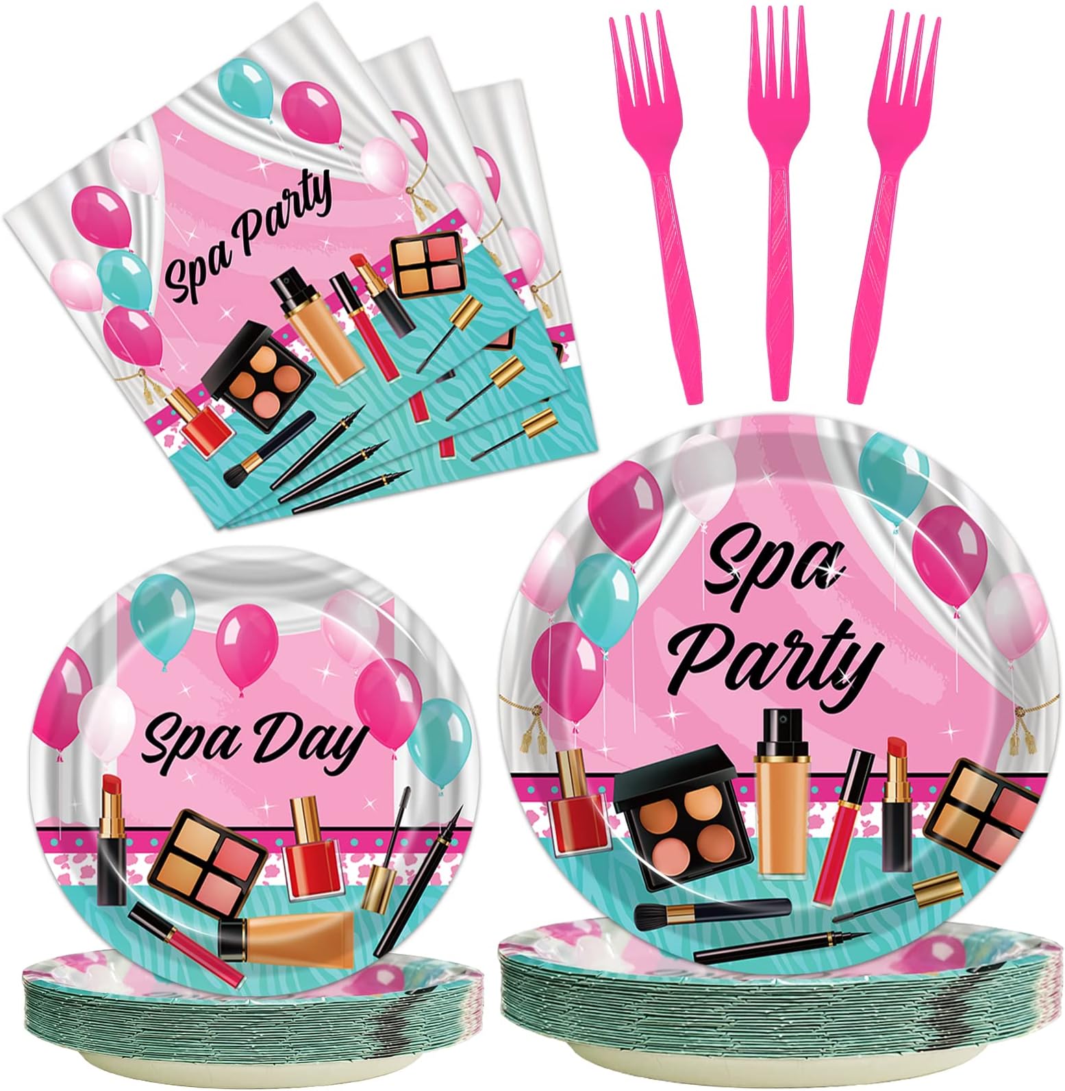 Kepeel 96 Pcs Spa Party Plates and Napkins Set, Spa Day Makeup Party Supplies Decorations for Girls Kids Princess Sweet Pink Make up Theme Birthday Party Tableware Kit, Serves 24