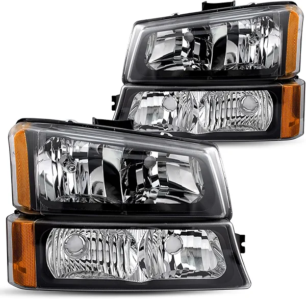 Bingbingmotor BRYGHT 4PCS Fits for 2003 2004 2005 2006 Chevy Silverado Headlight Assembly 03-07 Avalanche 1500 2500 3500 HD NON Body Cladding w/Bumper Lights Pair, Black Housing & Amber Reflector