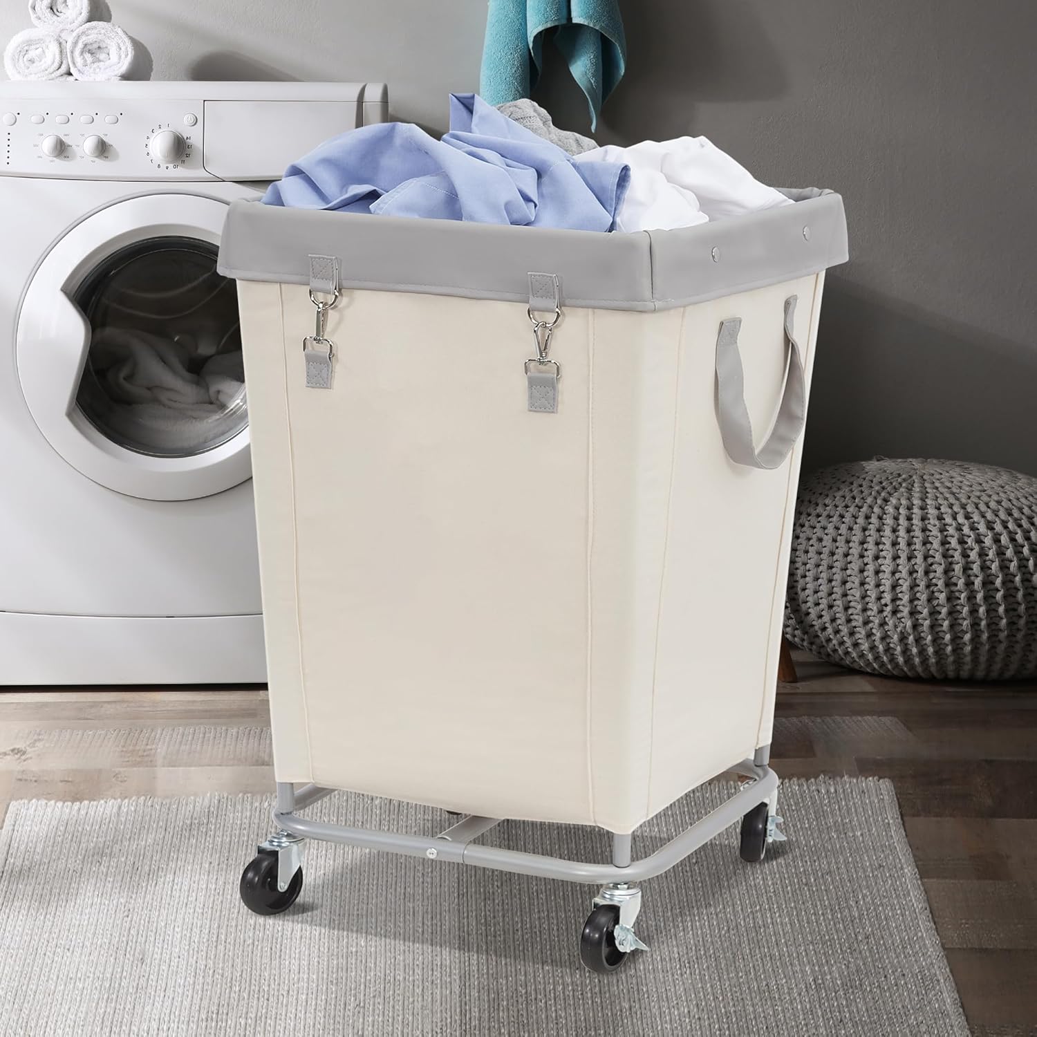 STORAGE MANIAC Commercial Laundry Hamper with Heavy Duty Steel Frame, 160 L Industrial Laundry Basket Cart with Wheels for Hotel, Home, Laundry Room, 17.72''L x 17.72''W x 30.91''H, Medium Beige