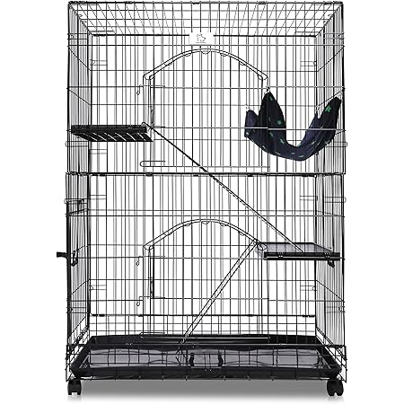 Homey PET INC Folding Wire Cat Ferret Collapsible Foldable Lockable Habitat Crate with Casters,Tray and Hammock, 36", Black