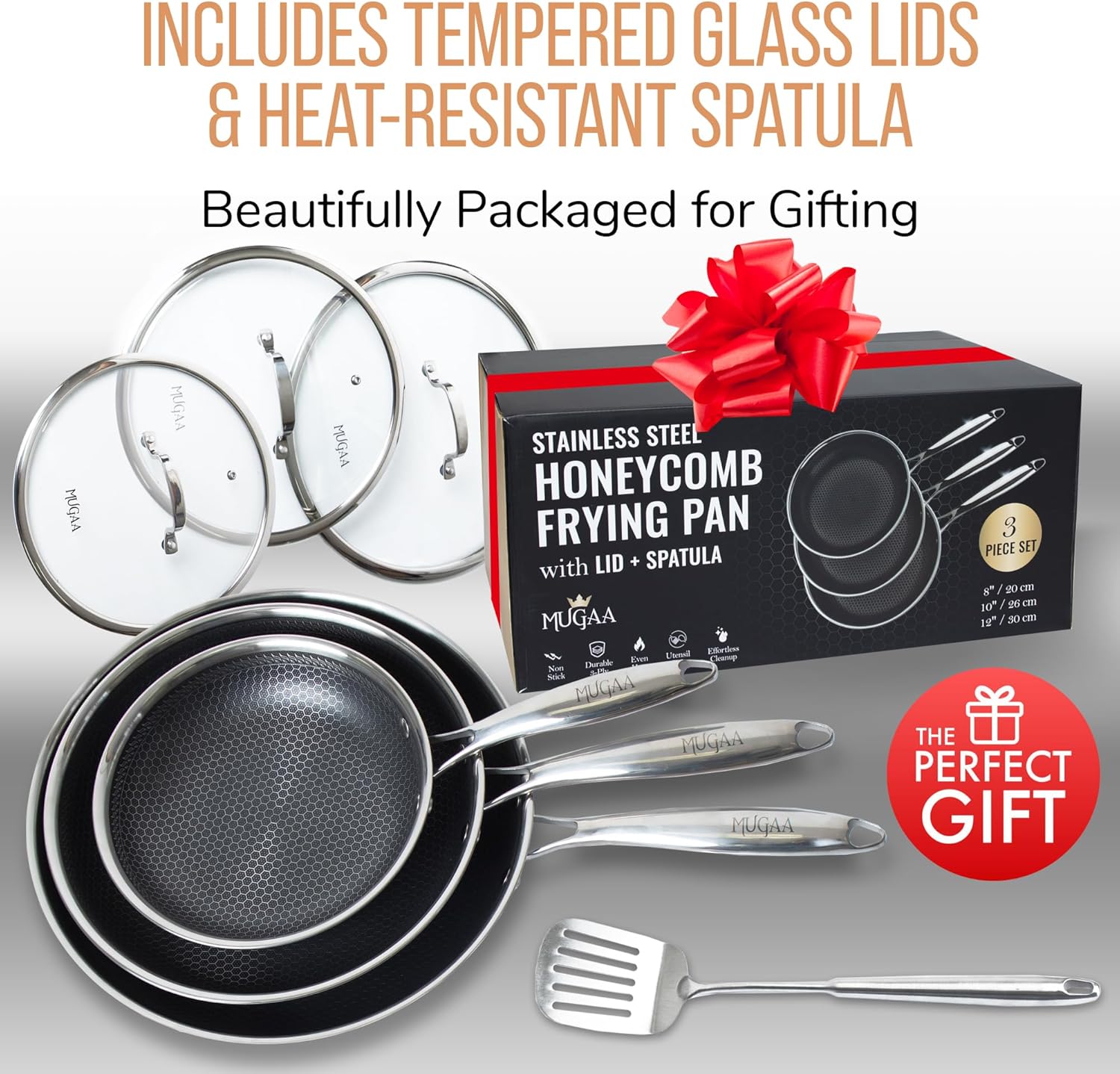 Stainless Steel Frying Pan Set, Sartenes de Acero Inoxidable 3-Piece Honeycomb Nonstick Skillets 8", 10", 12" With Lids, Spatula, Oven & Induction Compatible, Dishwasher Safe Pan Set - Image 6