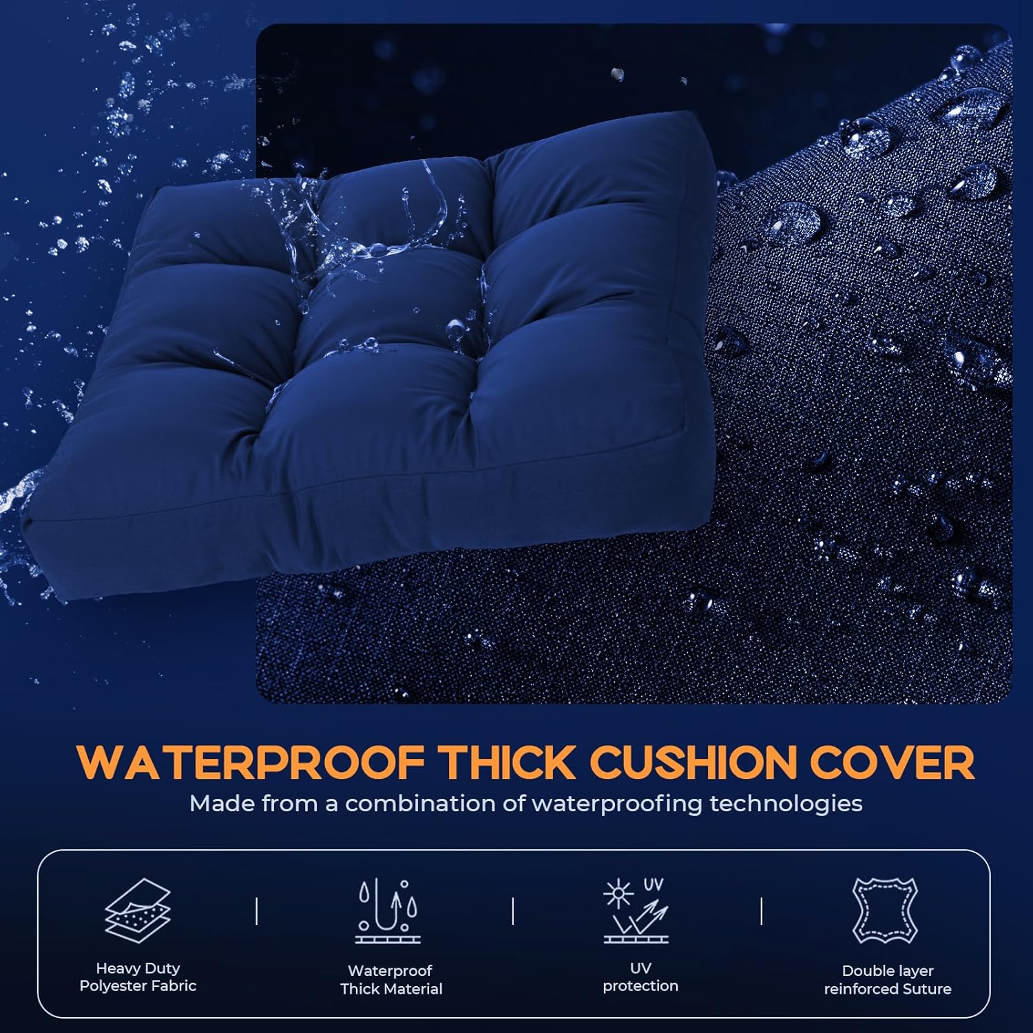 Waterproof Outdoor Chair Cushions Set of 2, Patio Cushions for Outdoor Furniture Water-Resistant & Fade-Resistant, Deep Seat & Back Cushion for Chair Sofa, 22x22 Inch (Navy)