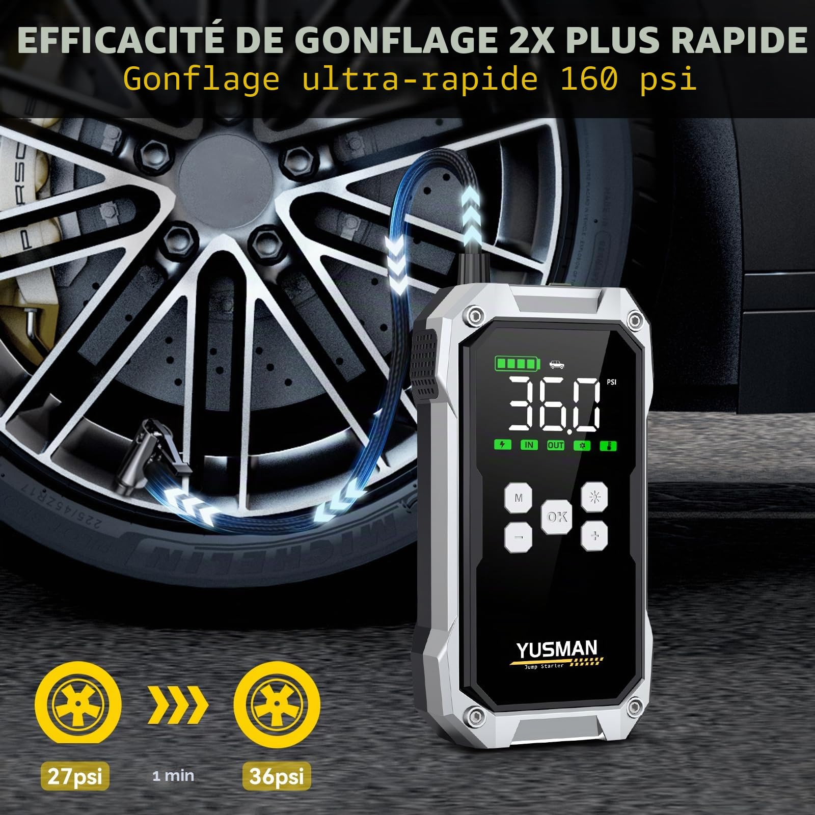 Booster Batterie Voiture 9000A, 160PSI Gonfleur Pneus Voiture, 12V Car Battery Jump Starter(Tous Gaz/Essence & 10L Diesel), Pinces Sécurité Intelligentes, LED