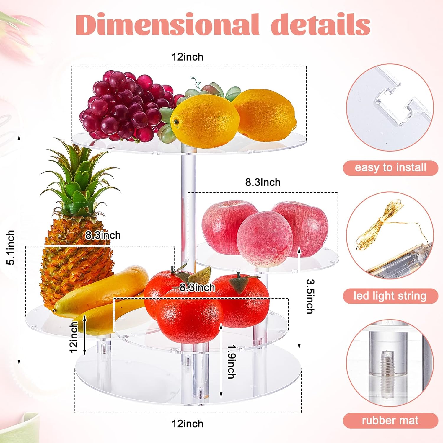 Taiyin 2 Pcs 4 Tier Acrylic Cupcake Tower Stand Clear Round Cake Stand with 2 Pcs LED String Light Cupcake Holder Dessert Pastry Display for Wedding Baby Showers Graduation Birthday Tea Party Table