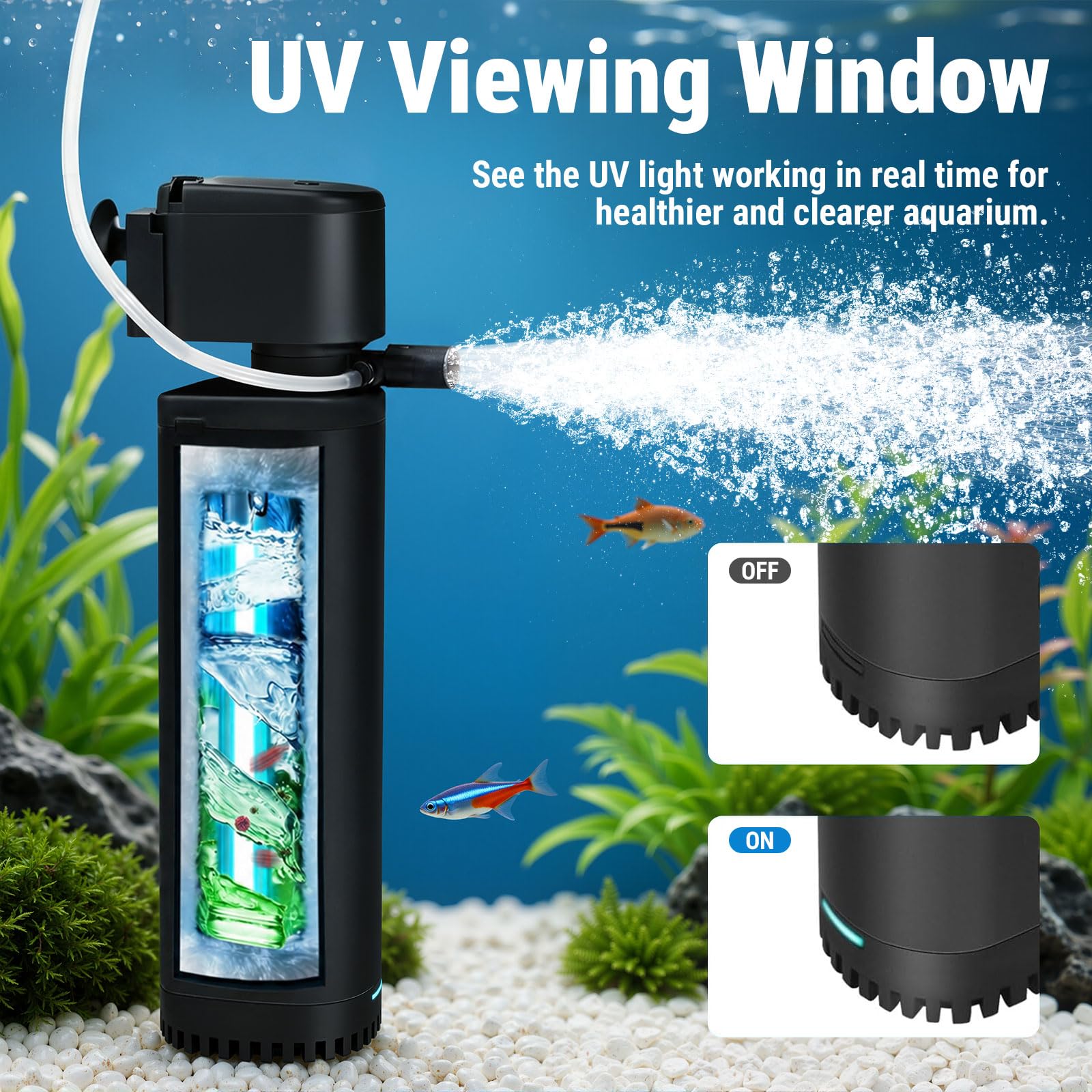 Filtre d'aquarium de 500 gph, stérilisateur UV pour aquarium de 200 à 700 litres, filtre à pompe submersible pour eau verte, machine à tuer les algues vertes ultra silencieuse avec désodorisation