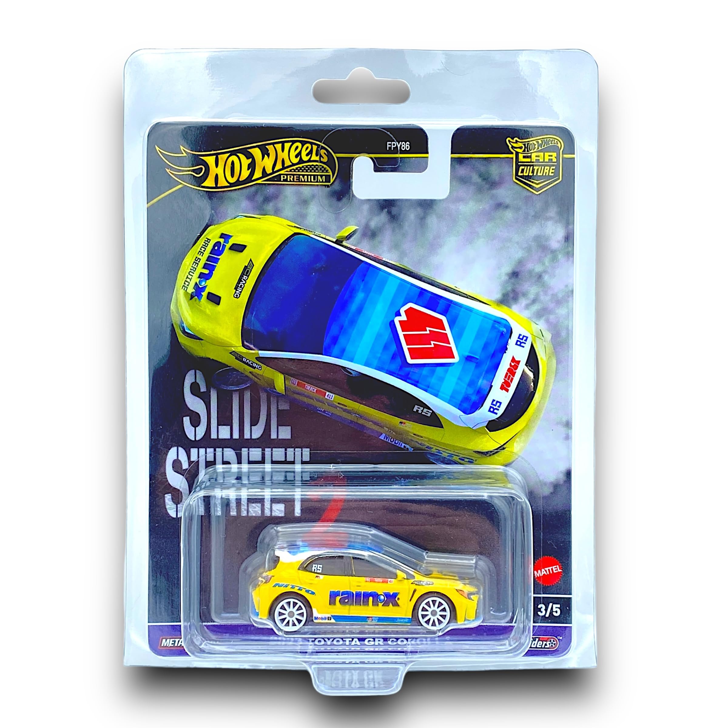 Hot Wheels 2023 Toyota GR Corolla (Yellow, Blue & White) 3/5 Slide Street 2-2024 - (Premium Car Culture) - includes a KLAS Car Keeper Protector Case - HKC82