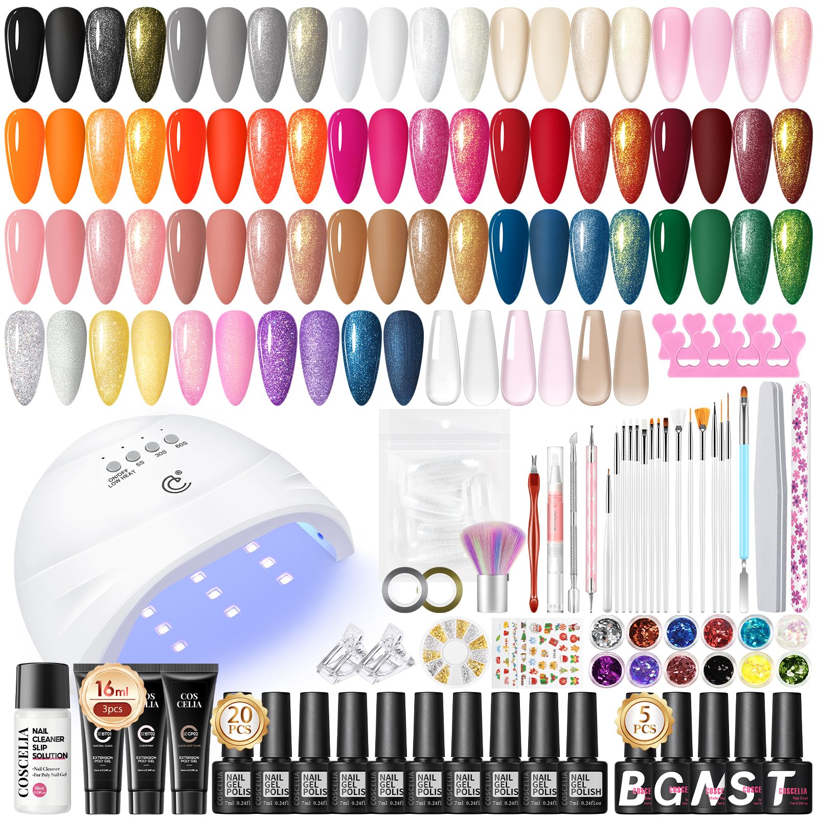 COSCELIA Kit de Uñas Semipermanente, 52 Piezas Kit Uñas Semipermanentes con Lampara,20 Colores Esmaltes Semipermanentes con 3 Colores Gel Extensión,Base Top Mate Top Coat Kit Manicura